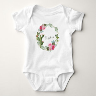 Watercolor Cactus Pink Floral Wreath Personalized Baby Bodysuit
