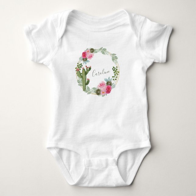 Watercolor Cactus Pink Floral Wreath Personalized  Baby Bodysuit (Front)