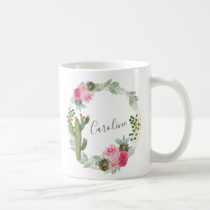 Watercolor Cactus Pink Floral Wreath Personalized  Coffee Mug