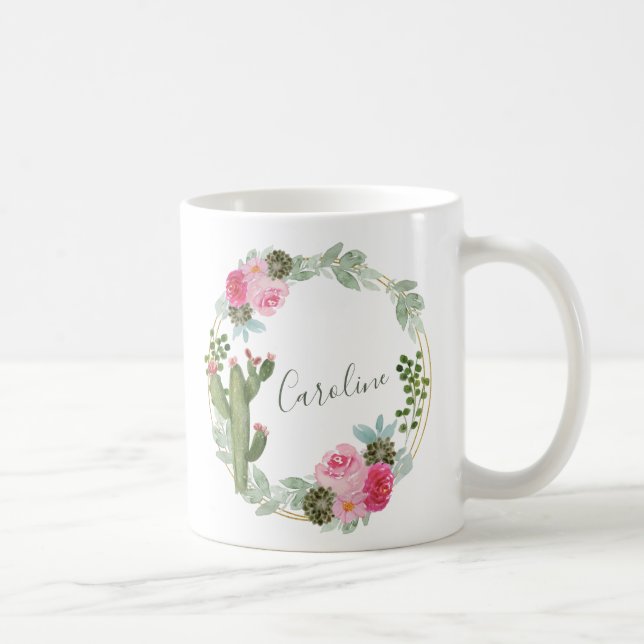 Watercolor Cactus Pink Floral Wreath Personalized  Coffee Mug (Right)