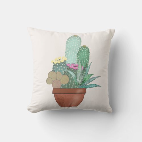 Watercolor Cactus Plant Yellow Pink Flowers Outdoor Pillow