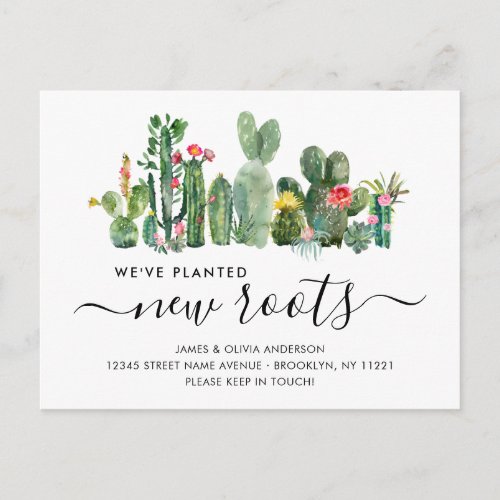 Watercolor Cactus Planted New Roots Moved Moving Announcement Postcard
