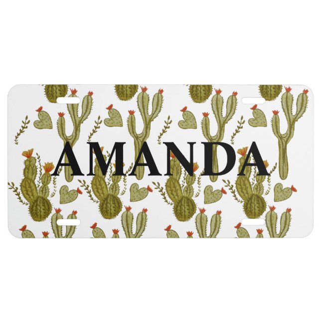 Watercolor Cactus Plants Green Red Hearts Name License Plate (Front)