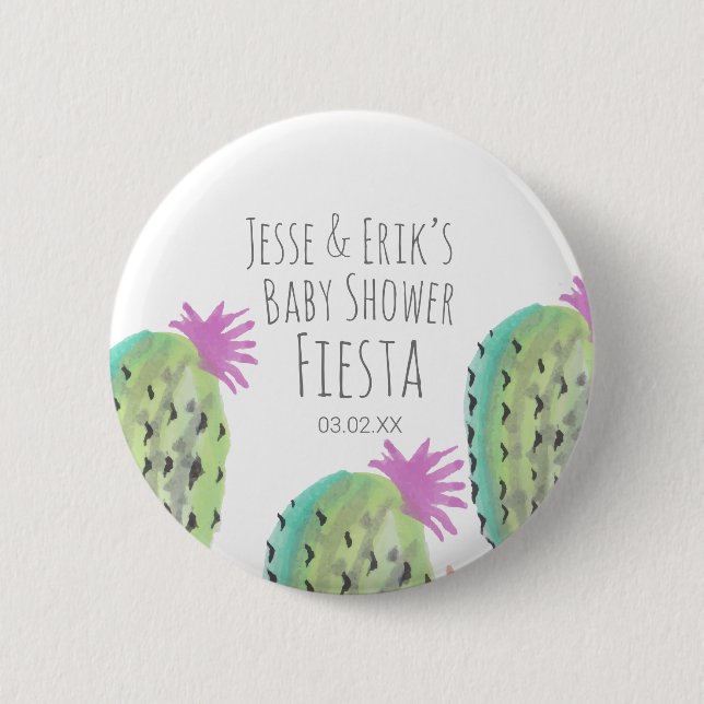 Watercolor Cactus Plants Hand Painted Baby Shower Button (Front)
