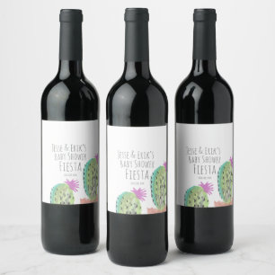 Watercolor Cactus Plants Hand Painted Baby Shower Wine Label
