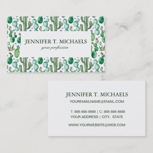 Watercolor Cactus Plants Pattern Business Card (Front/Back)