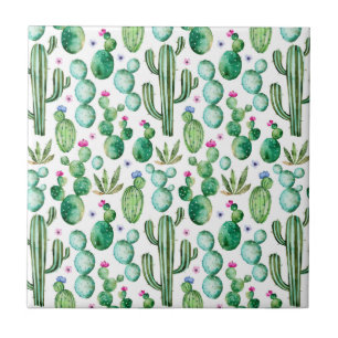 Watercolor Cactus Plants Pattern Ceramic Tile