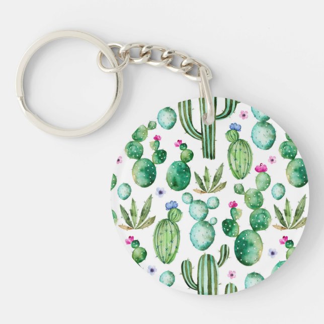 Watercolor Cactus Plants Pattern Keychain (Front)