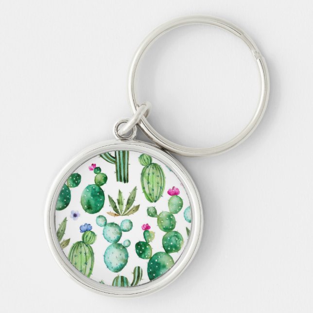 Watercolor Cactus Plants Pattern Keychain (Front)