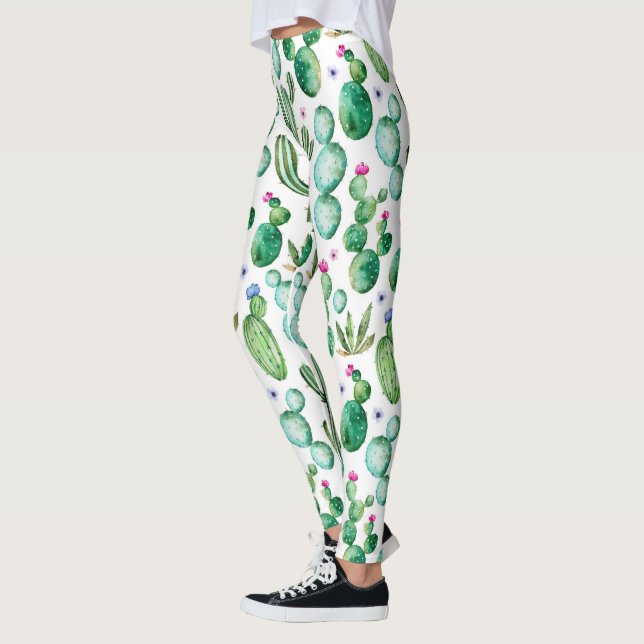 Watercolor Cactus Plants Pattern Leggings (Left)