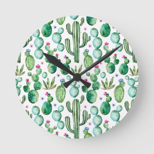 Watercolor Cactus Plants Pattern Round Clock