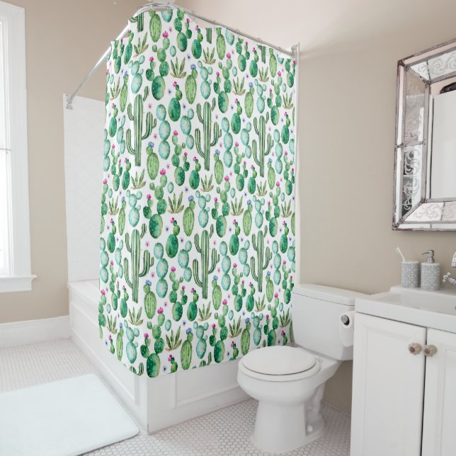 Watercolor Cactus Plants Pattern Shower Curtain (In Situ)