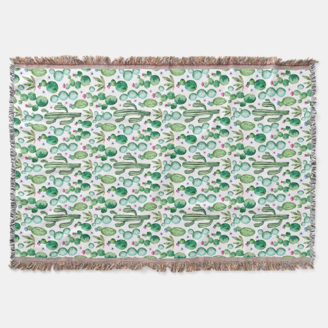 Watercolor Cactus Plants Pattern Throw Blanket (Front)