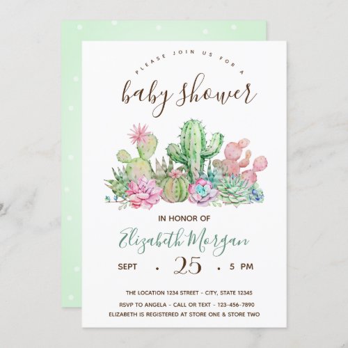 Watercolor Cactus Polka Dots Baby Shower Invitation