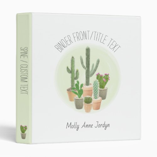 Watercolor Cactus Pots Succulents Office School 3 Ring Binder