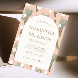 Watercolor Cactus Romantic Peachy Gold Wedding Invitation