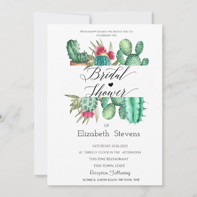 Watercolor Cactus Script Polka Dots Bridal Shower  Invitation (Front)