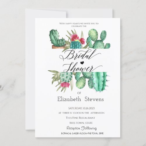 Watercolor Cactus Script Polka Dots Bridal Shower  Invitation