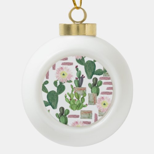 Watercolor Cactus Seamless Painting Pattern Ceramic Ball Christmas Ornament