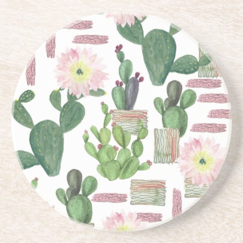 Watercolor Cactus Seamless Painting Pattern Coaster
