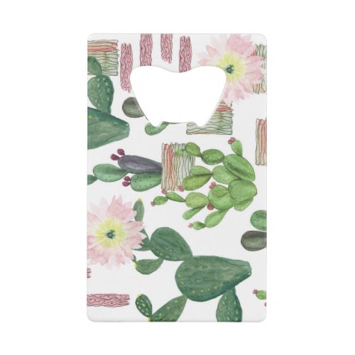 Watercolor Cactus Seamless Painting Pattern Credit Card Bottle Opener