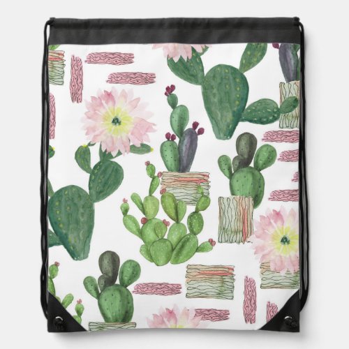 Watercolor Cactus Seamless Painting Pattern Drawstring Bag