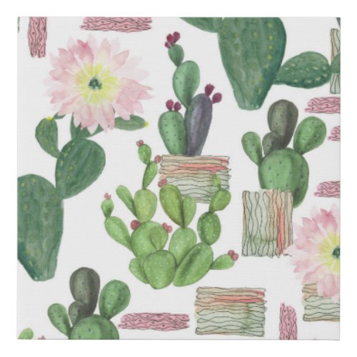 Watercolor Cactus Seamless Painting Pattern Faux Canvas Print