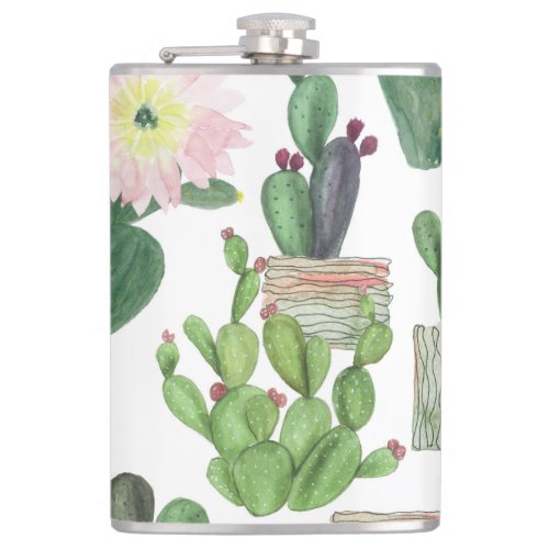 Watercolor Cactus Seamless Painting Pattern Flask