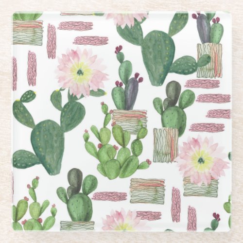 Watercolor Cactus Seamless Painting Pattern Glass Coaster