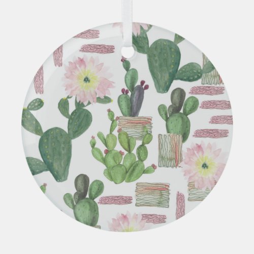Watercolor Cactus Seamless Painting Pattern Glass Ornament