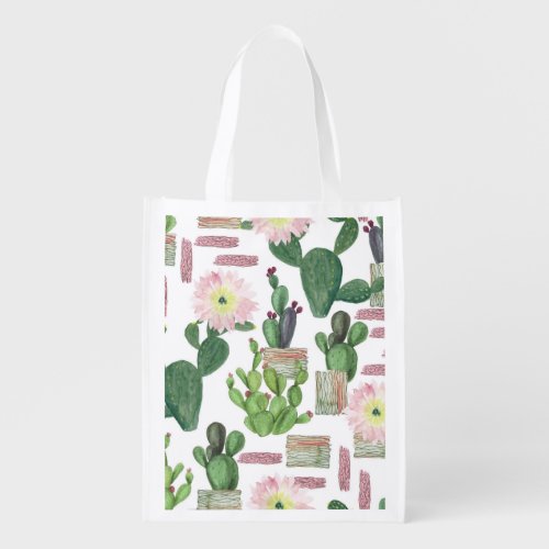 Watercolor Cactus Seamless Painting Pattern Grocery Bag