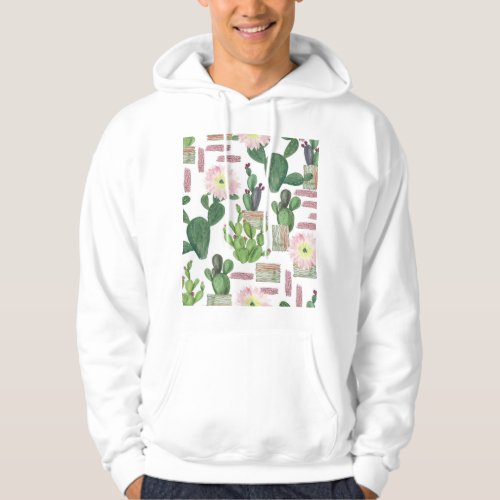 Watercolor Cactus Seamless Painting Pattern Hoodie