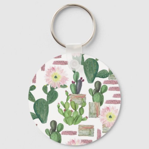 Watercolor Cactus Seamless Painting Pattern Keychain