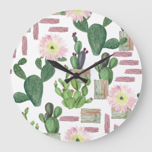Watercolor Cactus Seamless Painting Pattern Large Clock