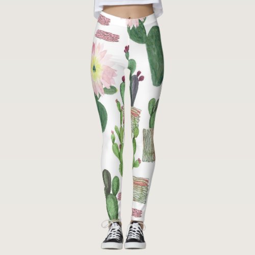 Watercolor Cactus Seamless Painting Pattern Leggings