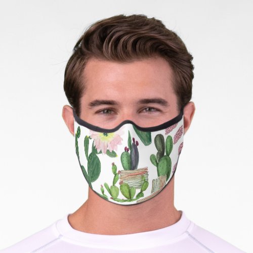 Watercolor Cactus Seamless Painting Pattern Premium Face Mask