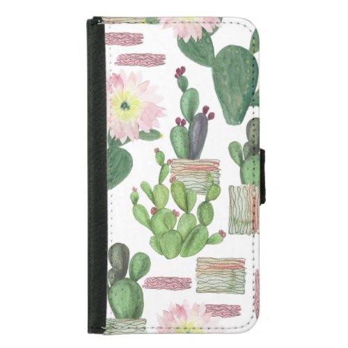 Watercolor Cactus Seamless Painting Pattern Samsung Galaxy S5 Wallet Case