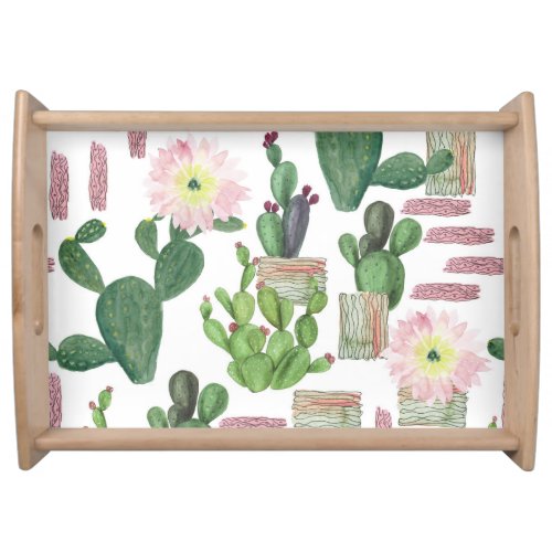Watercolor Cactus Seamless Painting Pattern Serving Tray