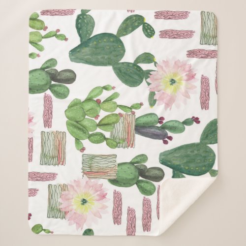Watercolor Cactus Seamless Painting Pattern Sherpa Blanket
