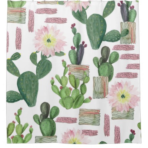 Watercolor Cactus Seamless Painting Pattern Shower Curtain