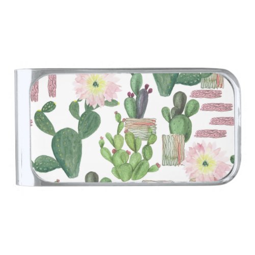 Watercolor Cactus Seamless Painting Pattern Silver Finish Money Clip