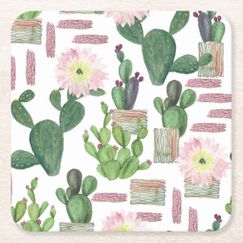 Watercolor Cactus Seamless Painting Pattern Square Paper Coaster