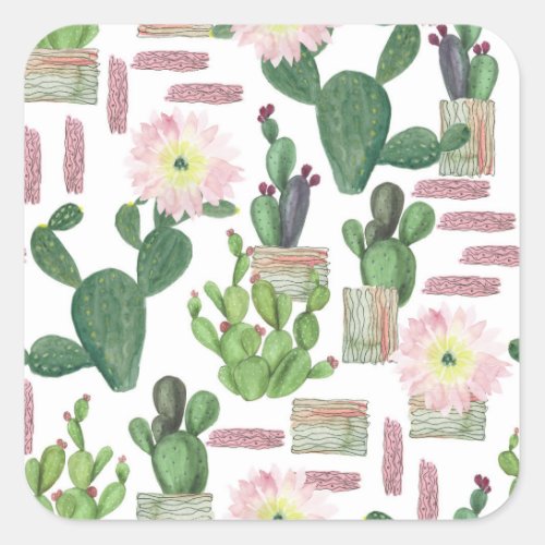 Watercolor Cactus Seamless Painting Pattern Square Sticker
