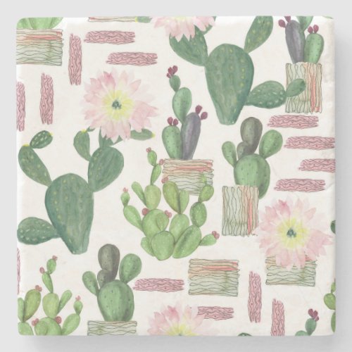 Watercolor Cactus Seamless Painting Pattern Stone Coaster