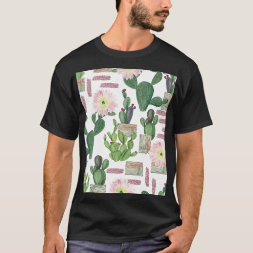 Watercolor Cactus Seamless Painting Pattern T_Shirt