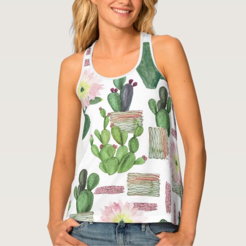 Watercolor Cactus Seamless Painting Pattern Tank Top