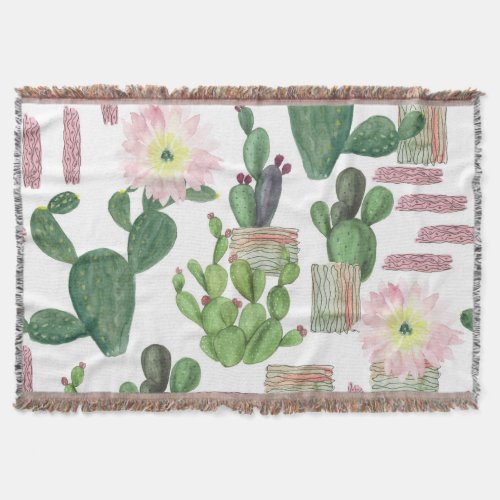 Watercolor Cactus Seamless Painting Pattern Throw Blanket