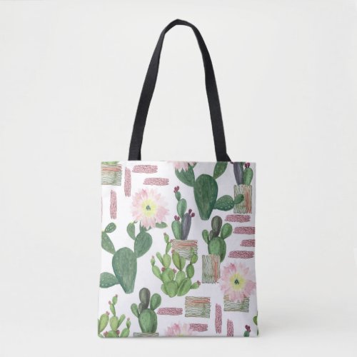 Watercolor Cactus Seamless Painting Pattern Tote Bag