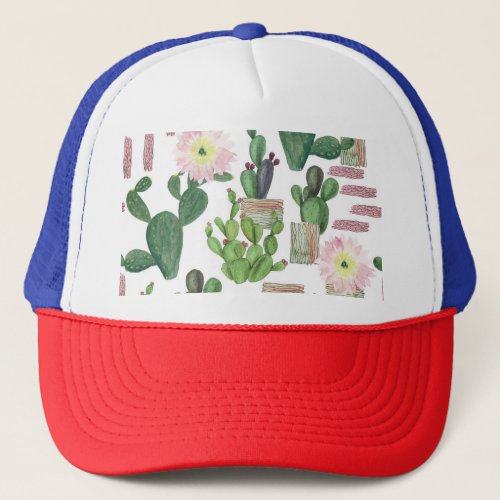 Watercolor Cactus Seamless Painting Pattern Trucker Hat