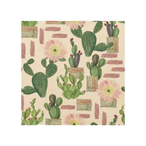 Watercolor Cactus Seamless Painting Pattern Wood Wall Art